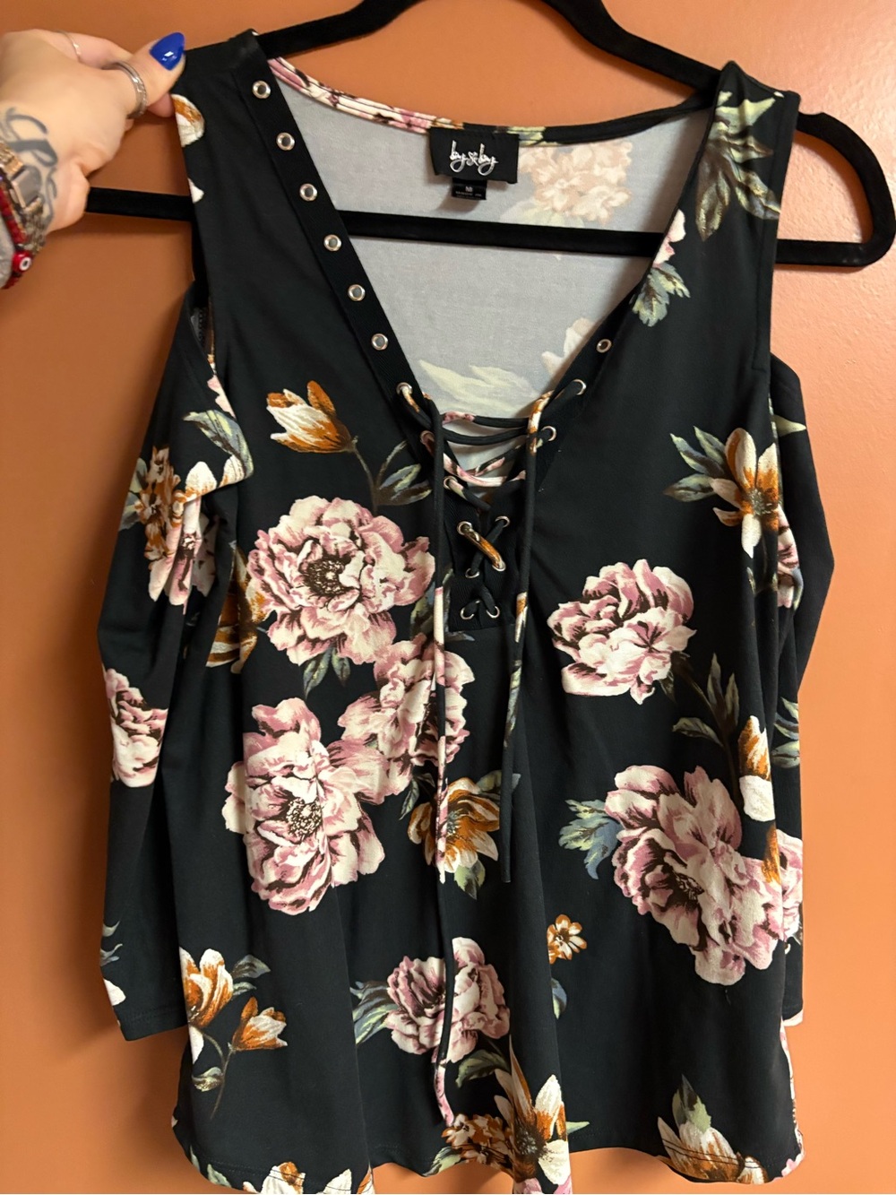 by & by Black Floral Lace-Up Cold-Shoulder Long Sleeve Top